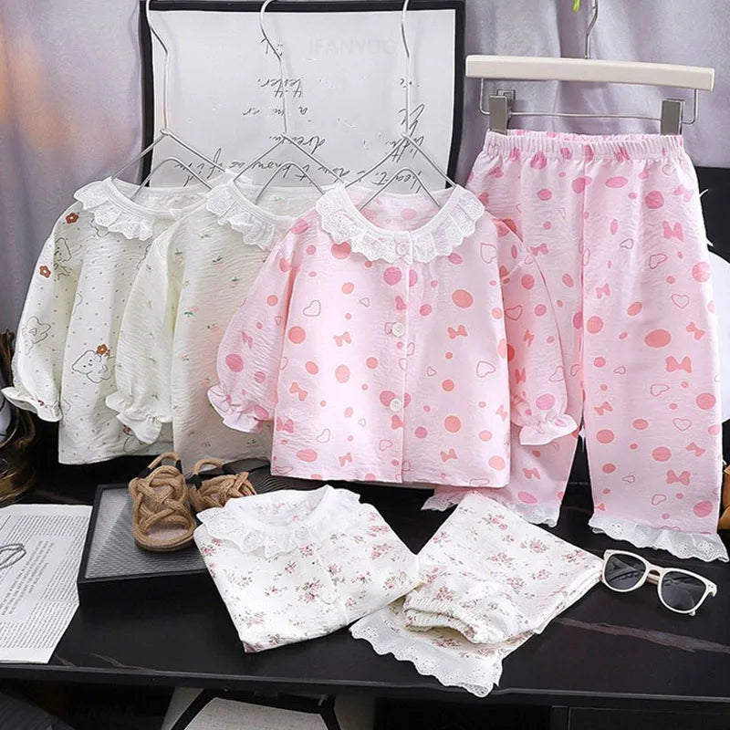 Girls Kids Home Clothes Set New Loose Thin Baby Pajamas Fashion Lace Floral Princess Children Air Conditioner Long Sleeve+Pants