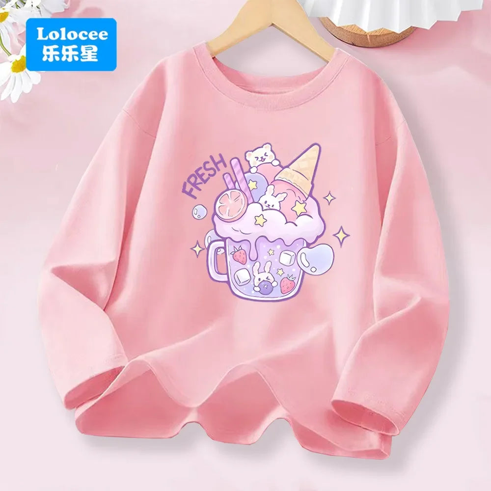 3-14years Girls' Pink Long Sleeve T-shirt - Cute "FRESH" Drink & Animal Print Kids Cotton Top 2026 Spring New