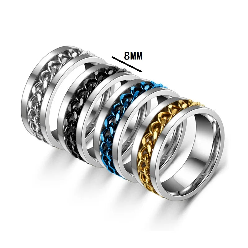 Titanium Steel Rotatable Chain Rings Men Women Stress Ring For Anxiety Couple Jewelry 8mm Corkscrew Rings Multifunctional Gift