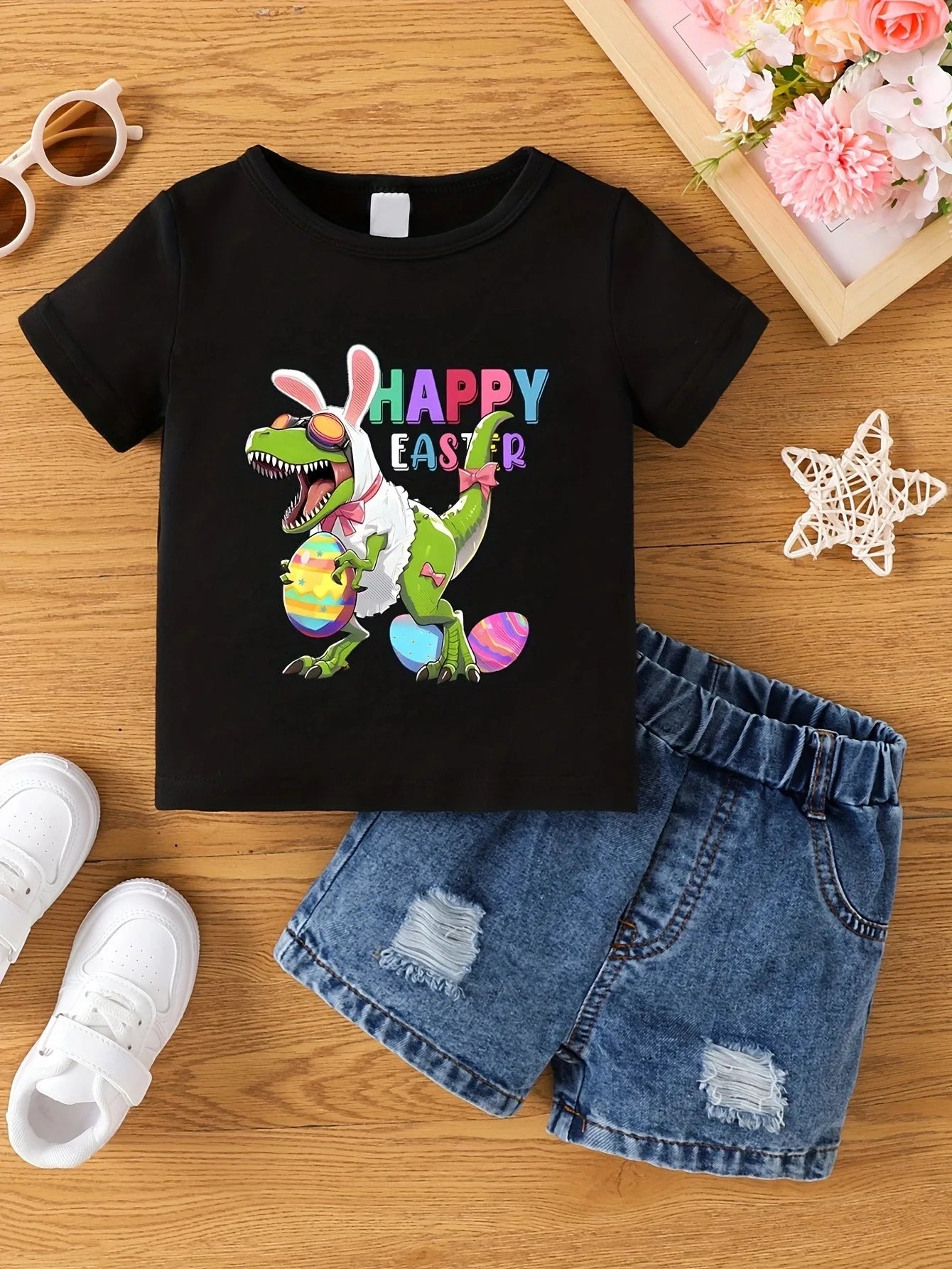 Aby Boys and Girls Summer Hot Painted Round Neck Short-sleeved Top Girls    Just T-shirts. Shorts not included