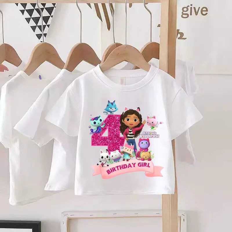 Gabbys Dollhouses Birthday Number T-shirt Girls White Pink Short Sleeve T-shirts Tops Cotton Summer Casual Party Supplies Tee