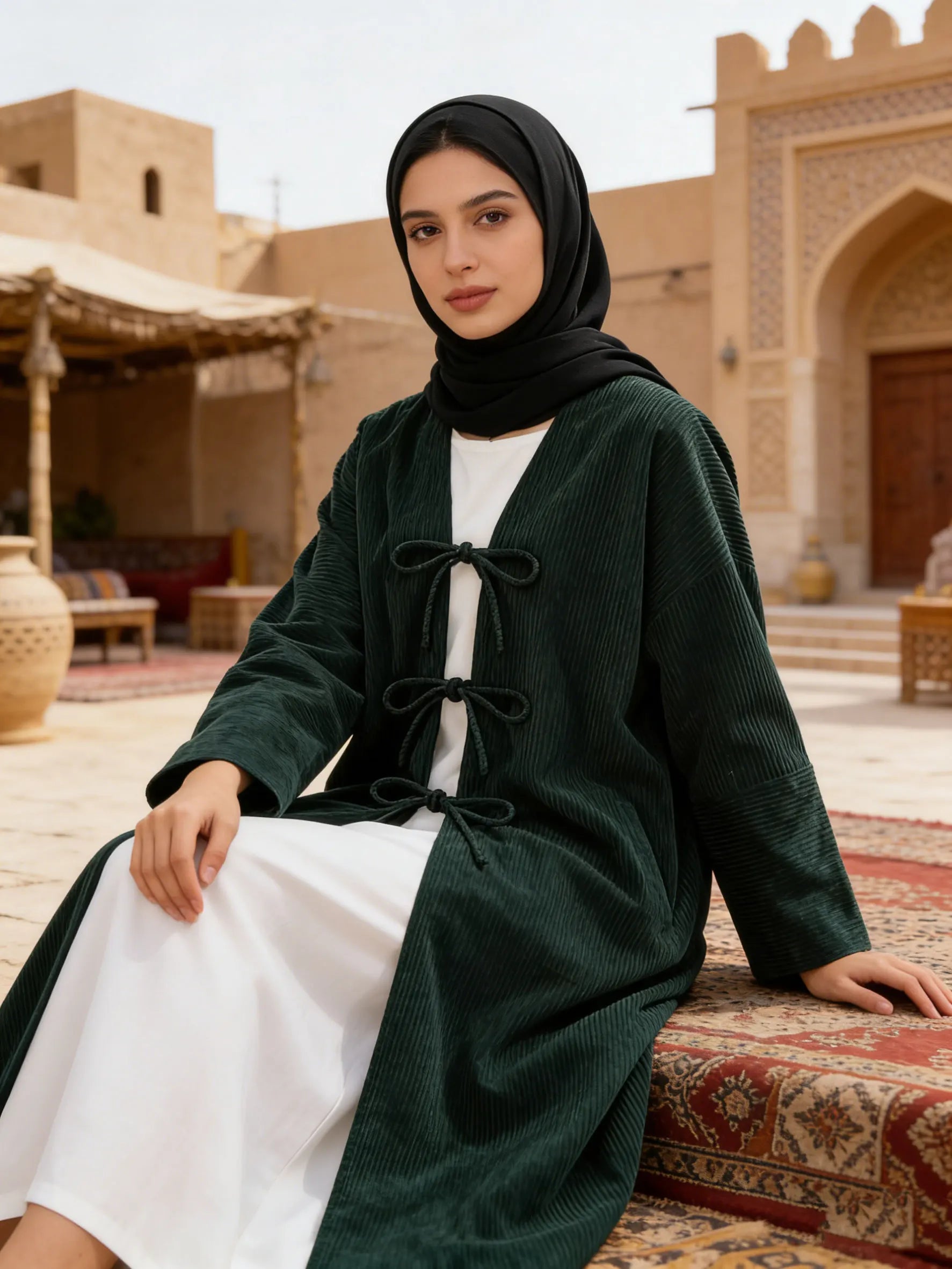 Hot sell Elegant Belted Corduroy Dark Green Abaya Cardigan Women Muslim Modest Outerwear Ramadan Abaya Islam Dubai Arabic Tops