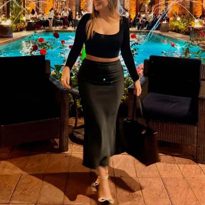 Chic Satin Bow Detail Maxi Women Skirt
