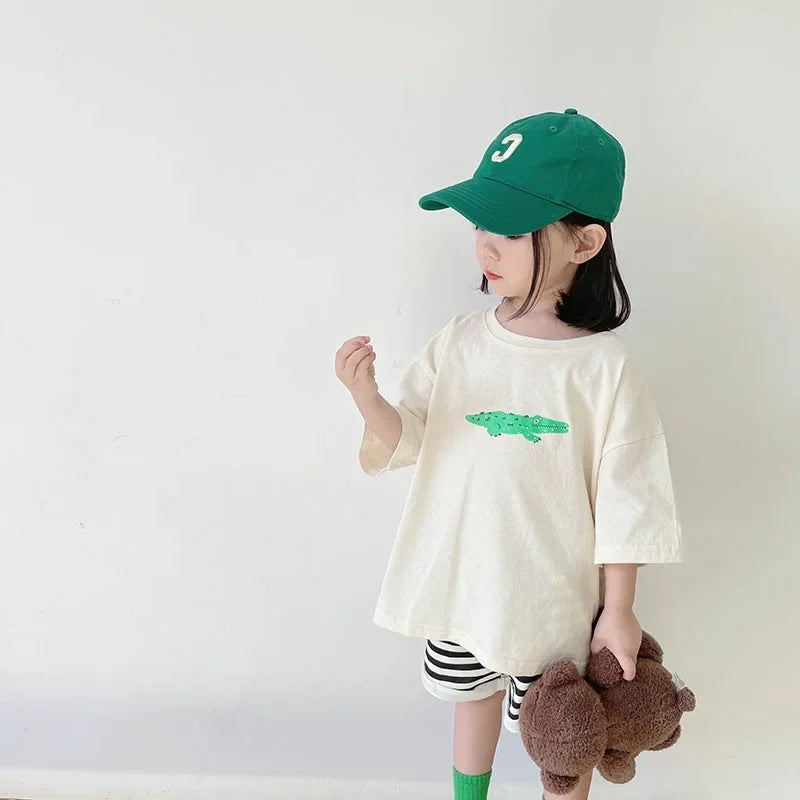 Korean Streetwear Vintage Cartoon Print Unisex Kids T-Shirts 100% Cotton Oversized Summer Tees for Boys & Girls 1-7Years