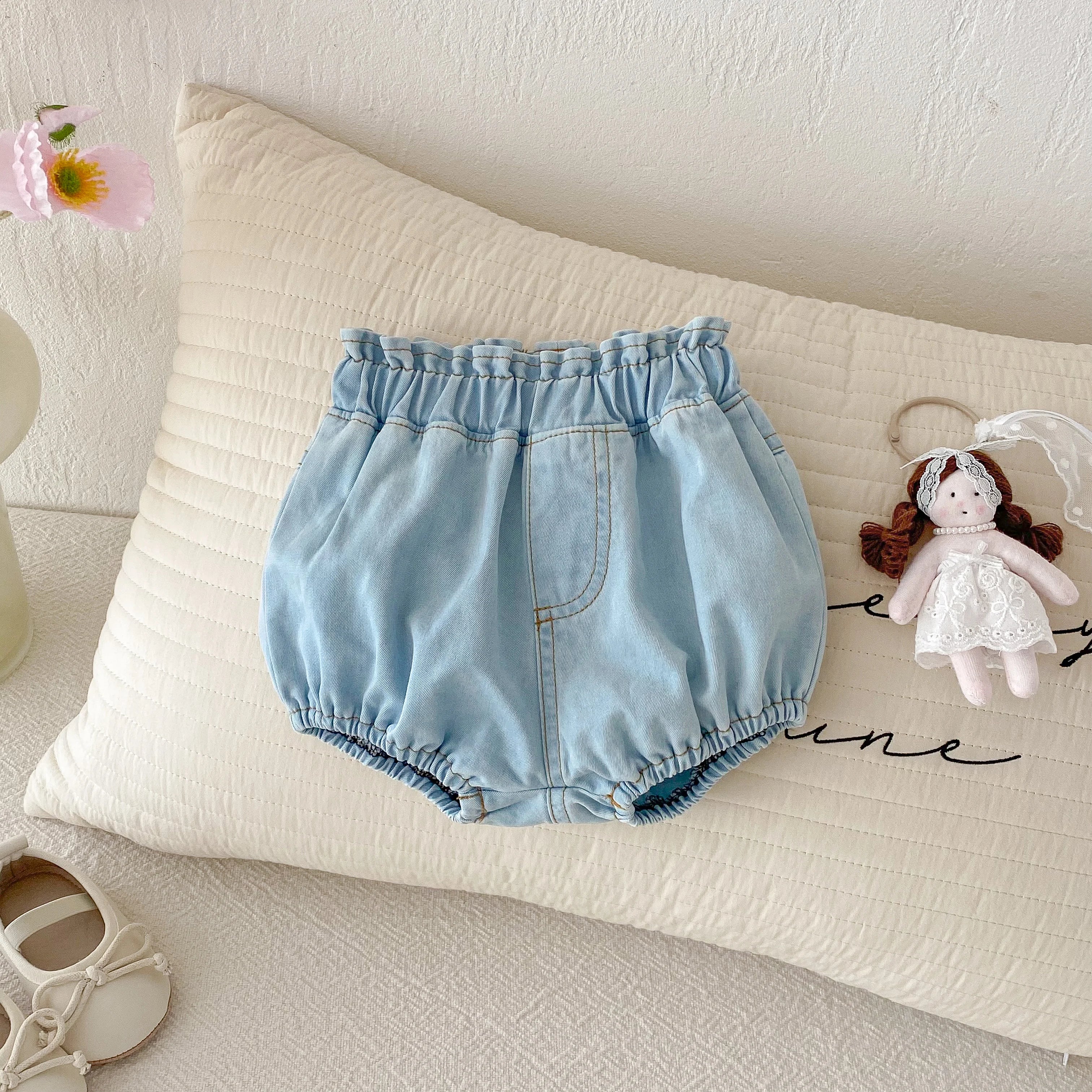 Baby Denim Bloomers Shorts Newborn Soft Cozy Cotton Toddler Boys Girls Summer Shorts Pants Ruffles Waist Kids Clothing 0-3T