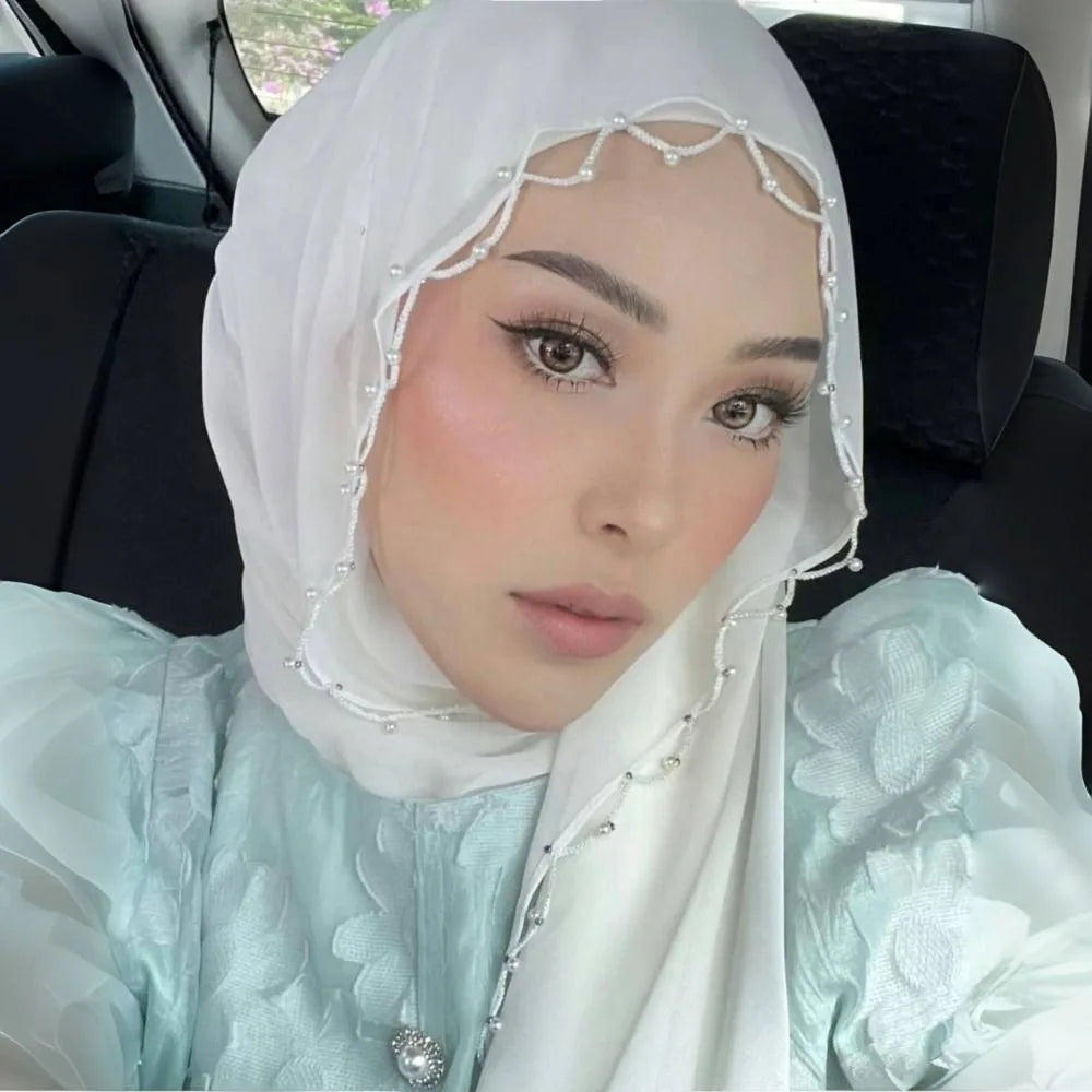 Luxury Beads Islamic Turban Pearls Chiffon Wraps Shawl Long Bandana Malaysia Headscarf Women