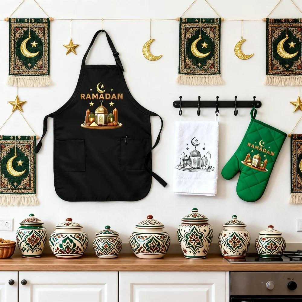 2026 Black Ramadan Mubarak Apron for Muslim Islamic Mom Grandma Aunt Wife Gift  Al-Adha Islam Kareem Family Dinner Party Decor