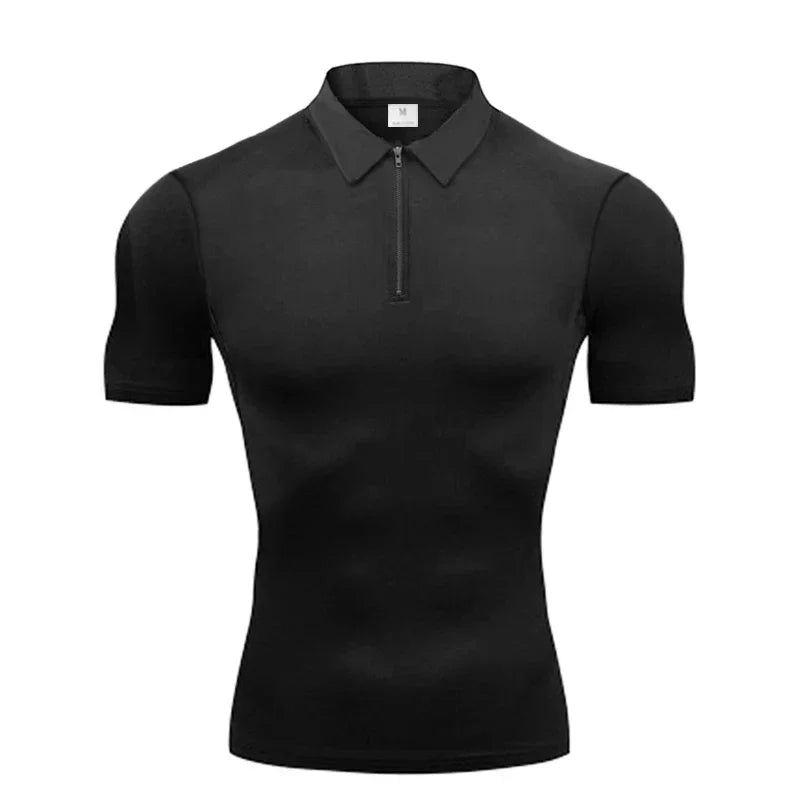 Summer Quick Dry Short Sleeve Polo Shirts Compression Tight Mens Bodybuilding Muscle Shirts Gym Fitness Trainer Trainning Polos