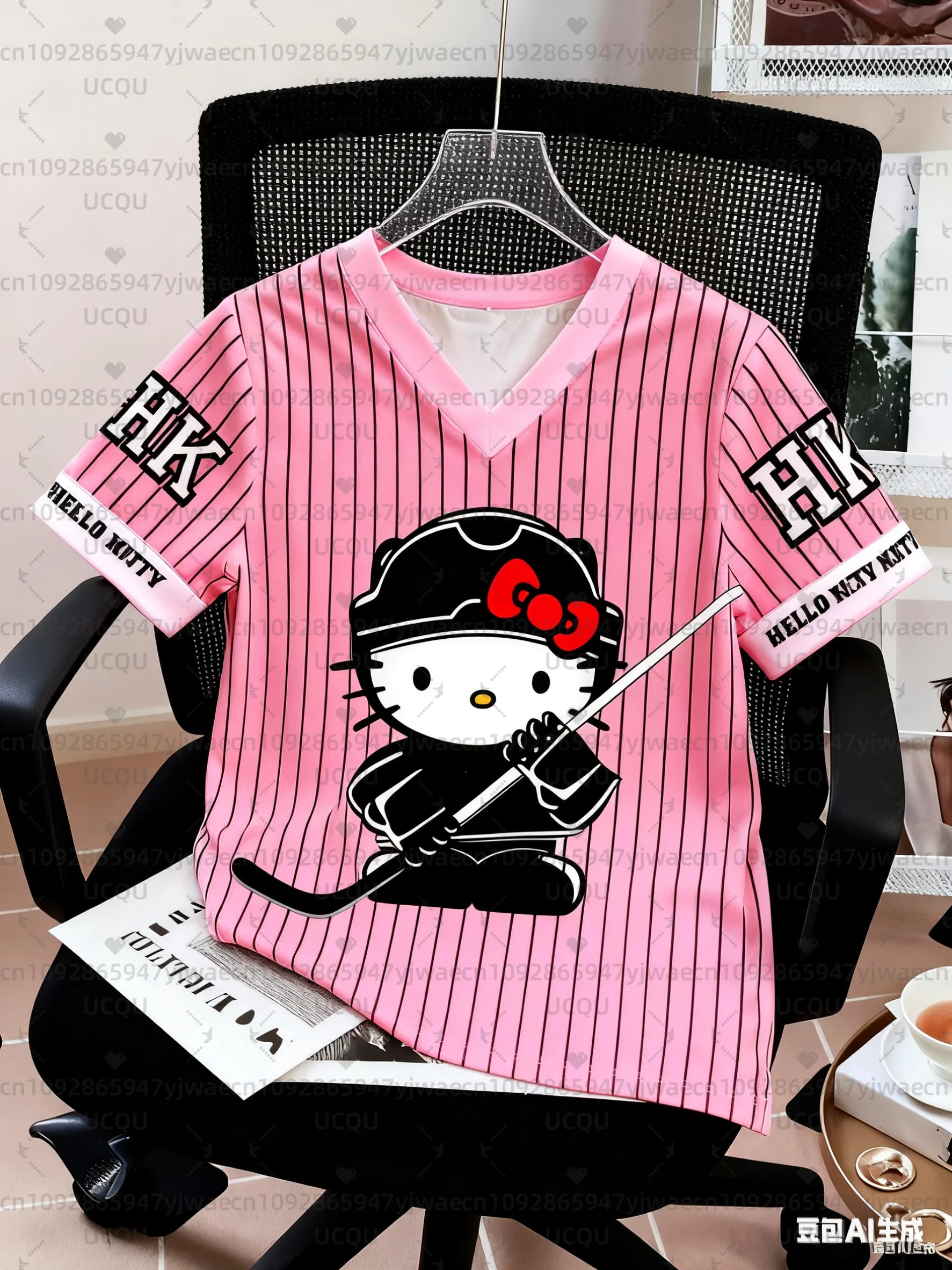 Kids Fashion Women's Boy Girls' Hello Kitty Ice Hockey T-shirt Pink V-Neck Top Graphic Plus Size Short Sleeve Men's T-shirt