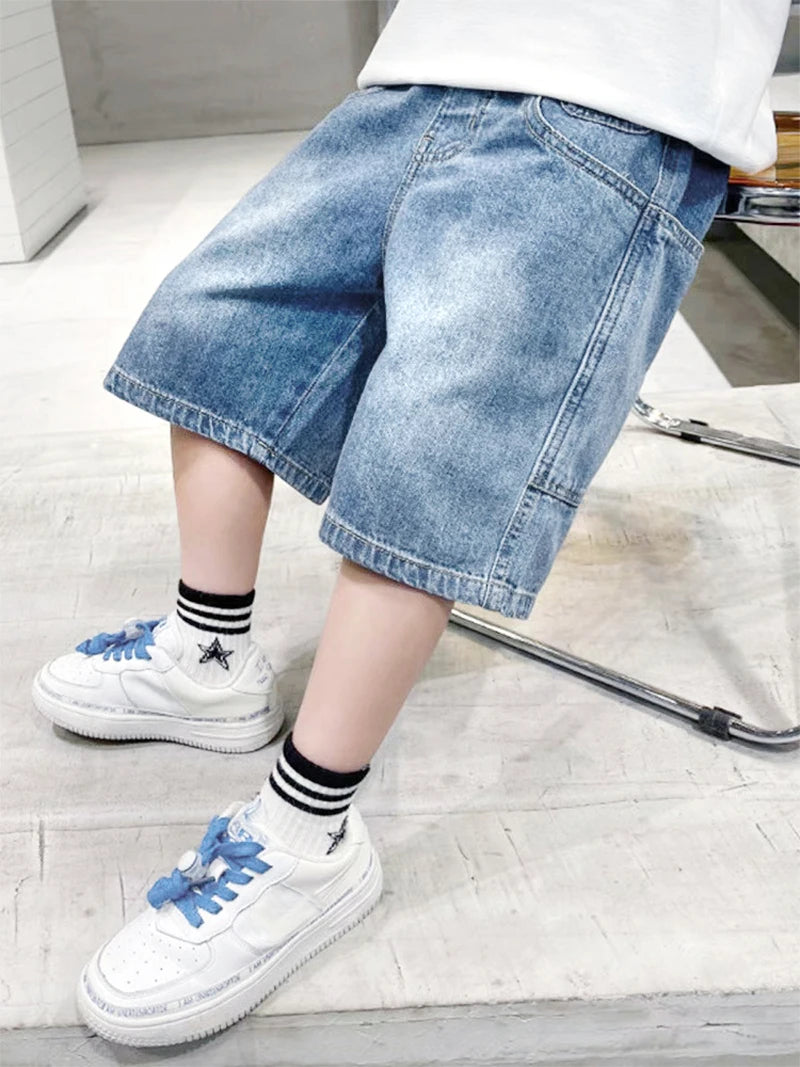 IENENS Summer Kids Shorts Young Boys loose Denim Pants Children Straight Washed Jeans Shorts Fit 12-13 Years