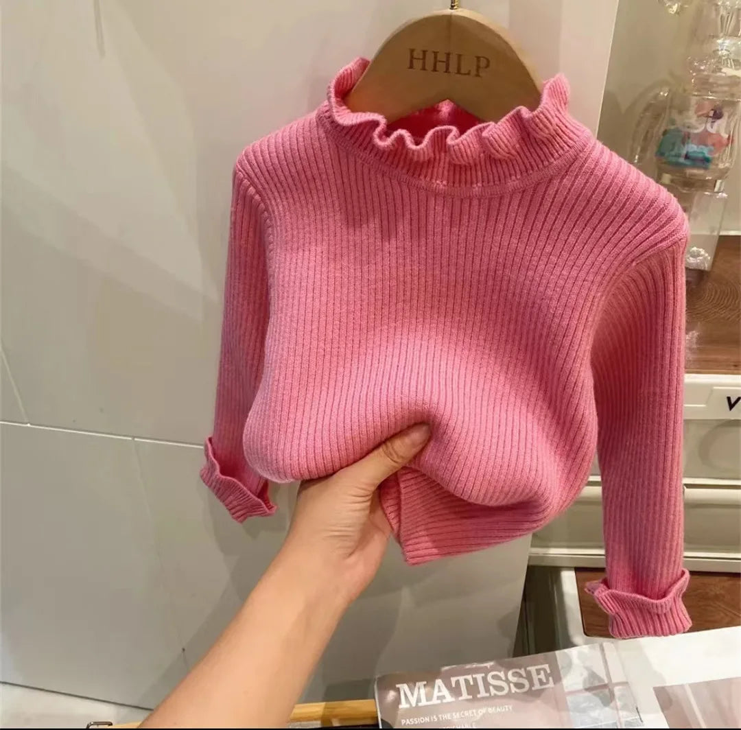 Girls Sweater Winter Fashion High Neck Solid Color Bottom Shirt Children High Elasticity Irregular Collar Knit Pullover