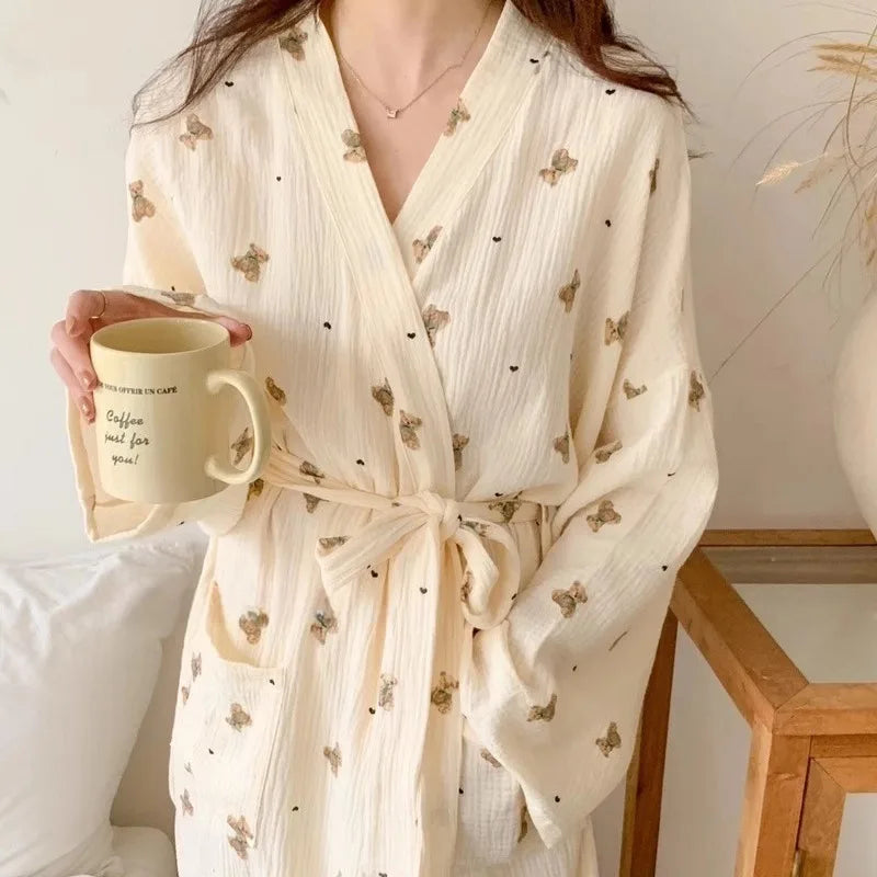 Sleeping Robe Female Spring and Fall New Japanese Ins Style Cute Bathrobe Bear Long-Sleeved Casual Princess Style Home Clothing