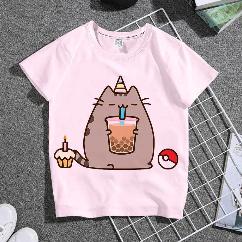 Summer Boys and Girls Children's T-shirt Cute Cat Cat Novel Cartoon Print Primary School Short Sleeve Parent-child Clothing