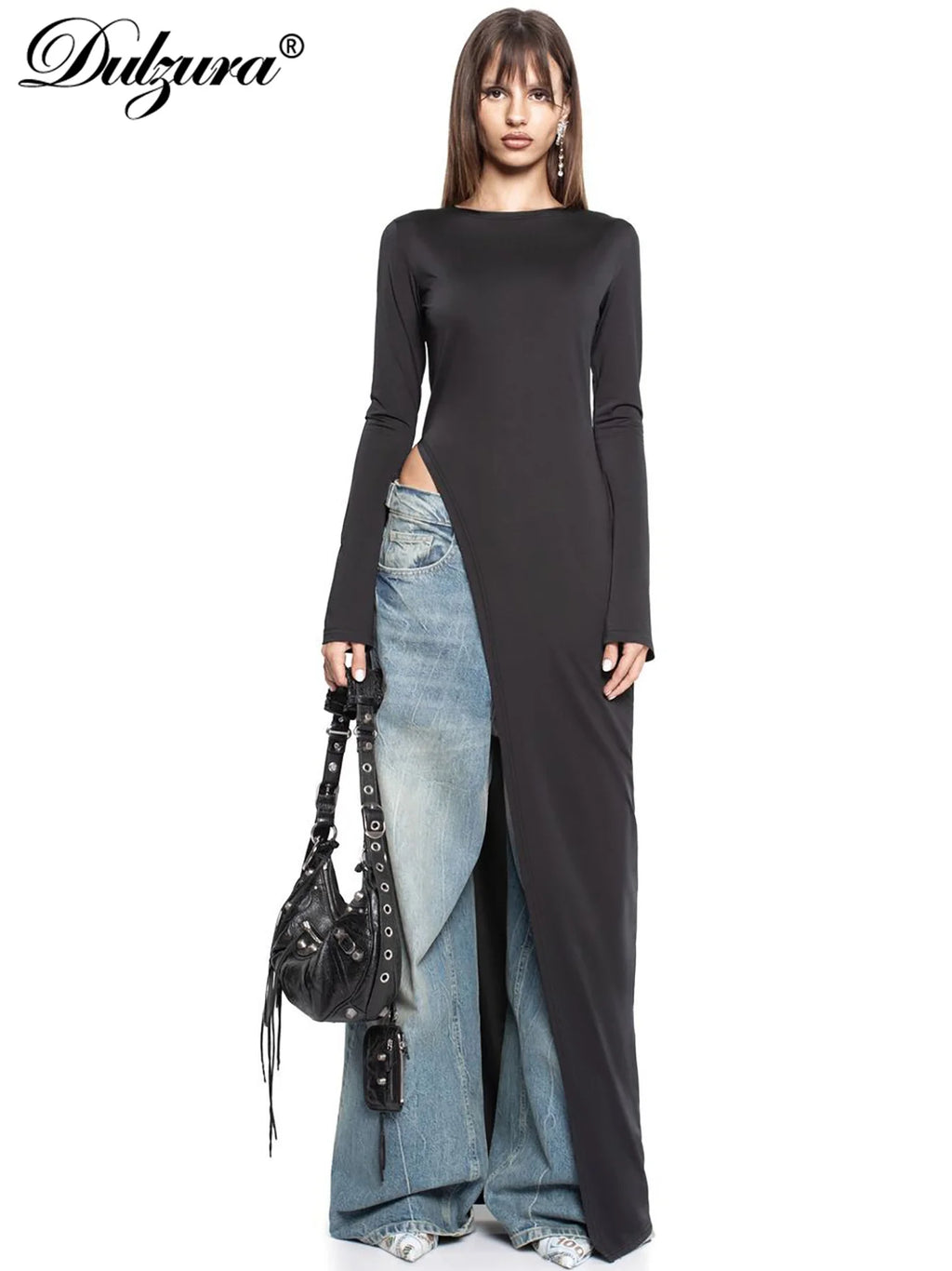 Dulzura Long Sleeves Side High Slit Maxi Dress Solid Sexy Long Dress Women’S Party Club Streetwear Autumn Winter Outfit