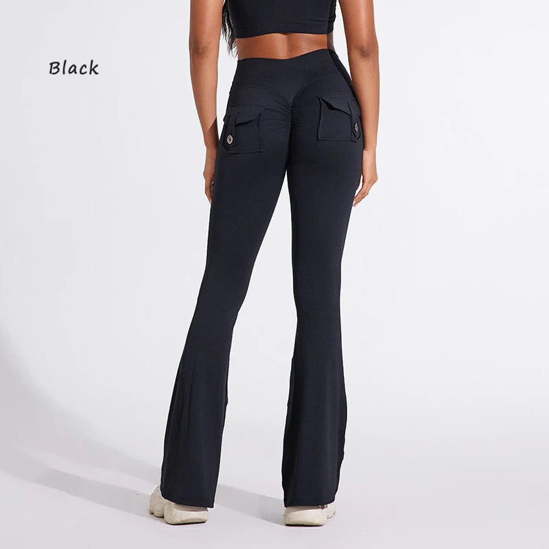 DIAS FIT JOY Women's pocket bell bottoms yoga high waisted hip lifting fitness pants quick drying running exercise fitness gym