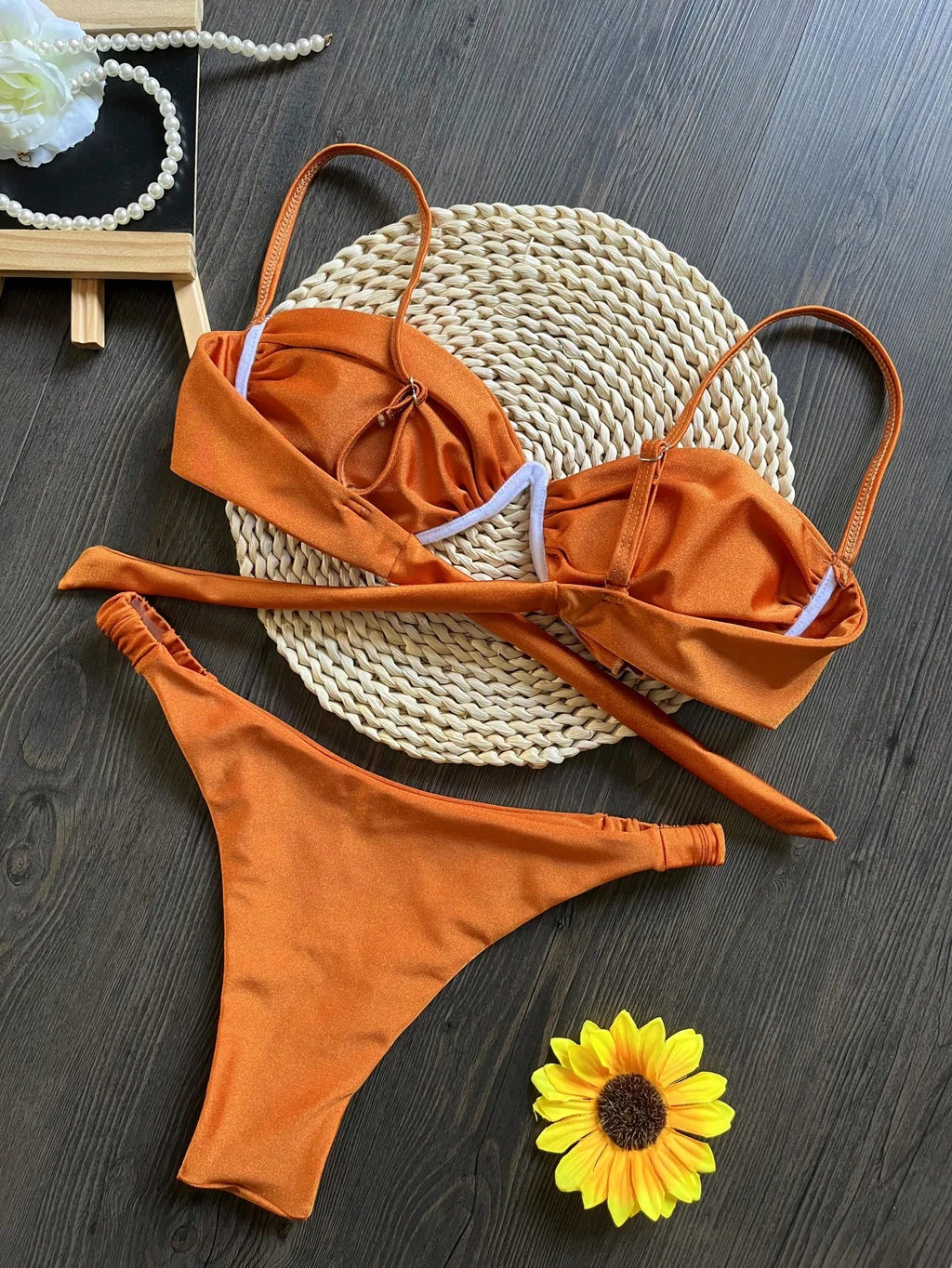 Sexy 3D Flower Bikini Set 2025 Women Black White V Wire Underwired Micro Mini Swimsuit Beach Bathing Suit Pleate Thong Swimwear