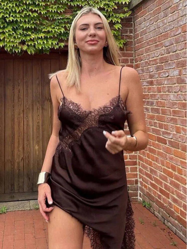 Satin Sexy Lace Spliced Short Sling Dress Women Sleeveless Backless