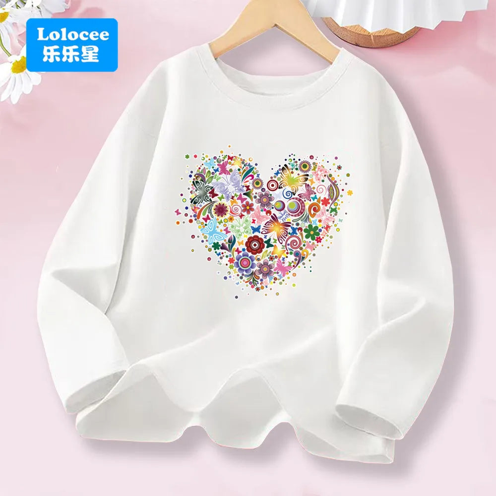 Little Girl Spring Autumn T-shirts Girls Sweet Heart Long Sleeve Tee Tops For Kids Cotton Daily Wear