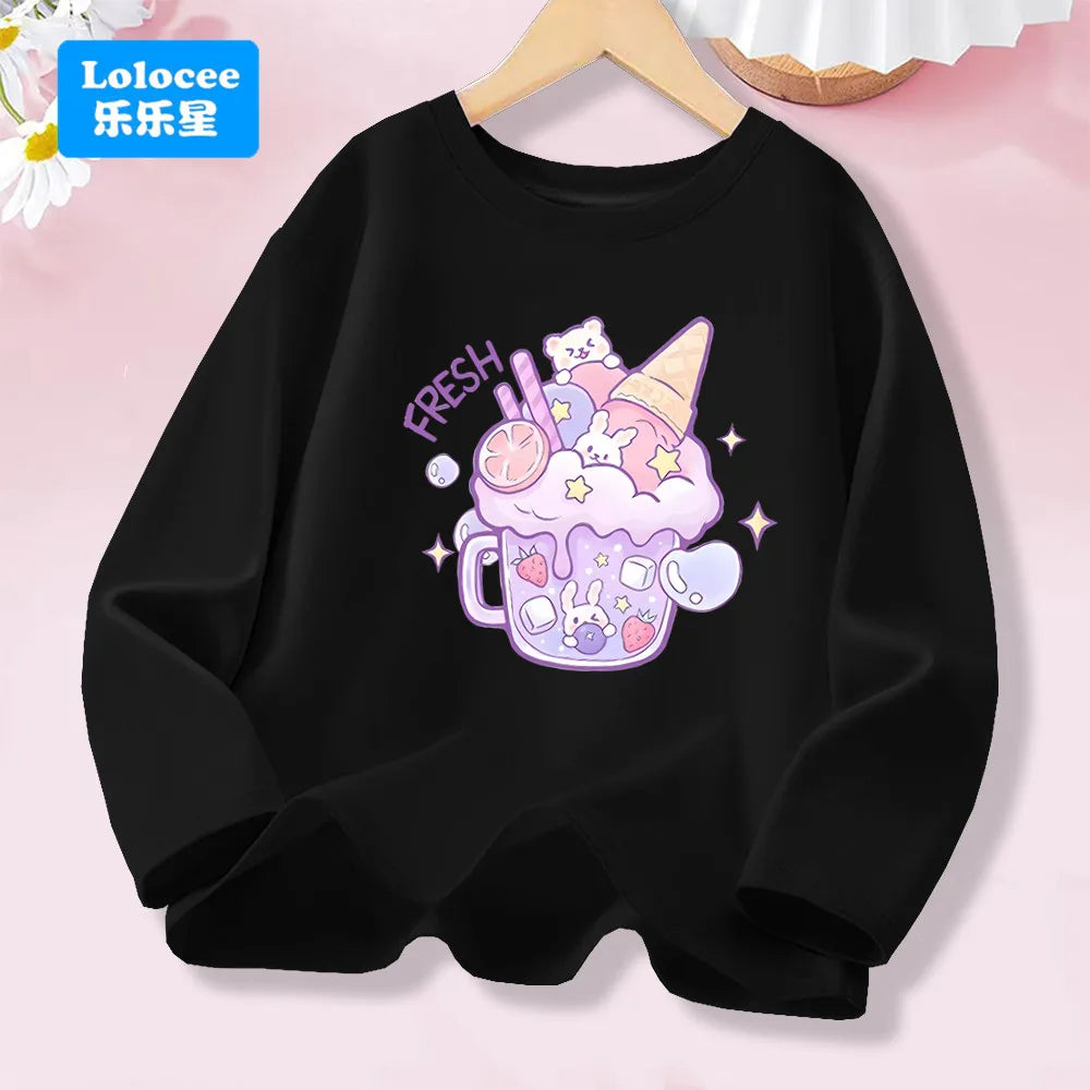 3-14years Girls' Pink Long Sleeve T-shirt - Cute "FRESH" Drink & Animal Print Kids Cotton Top 2026 Spring New