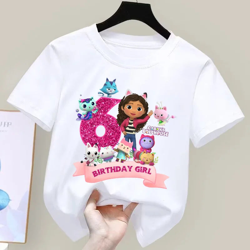 Gabbys Dollhouses Birthday Number T-shirt Girls White Pink Short Sleeve T-shirts Tops Cotton Summer Casual Party Supplies Tee