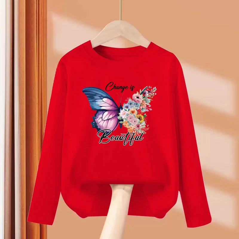 Children Long Sleeved T-shirt Butterfly Girl Fashion Top Spring Cotton Clothes Girls Butterfly Printed Tshirt 3-14T