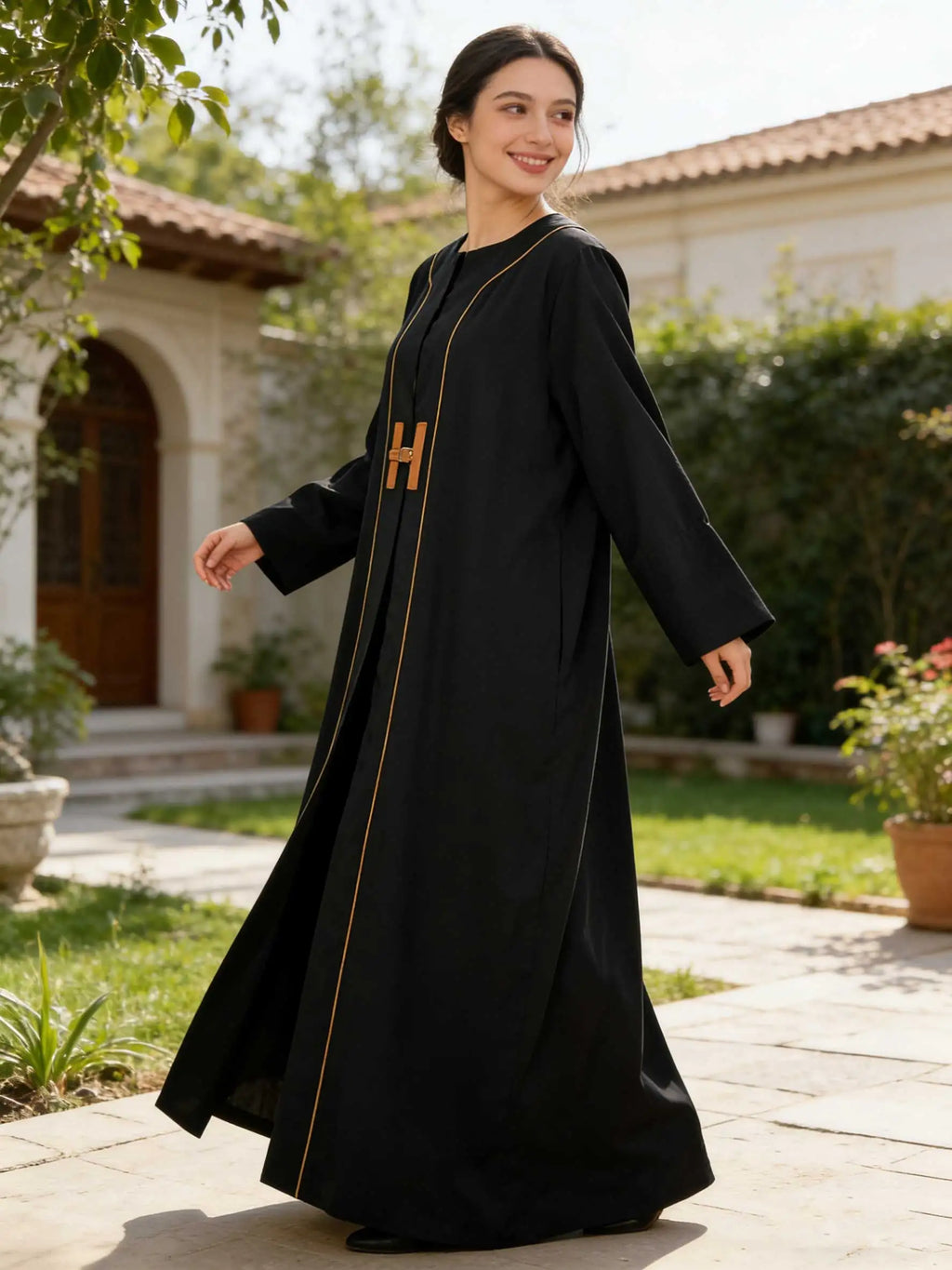 Chic Black Abaya Leather Buckle Detail Long Sleeve Maxi Dress Women Muslim Moroccan Kaftan Ramadan Islam Dubai Arabic Robes 2026