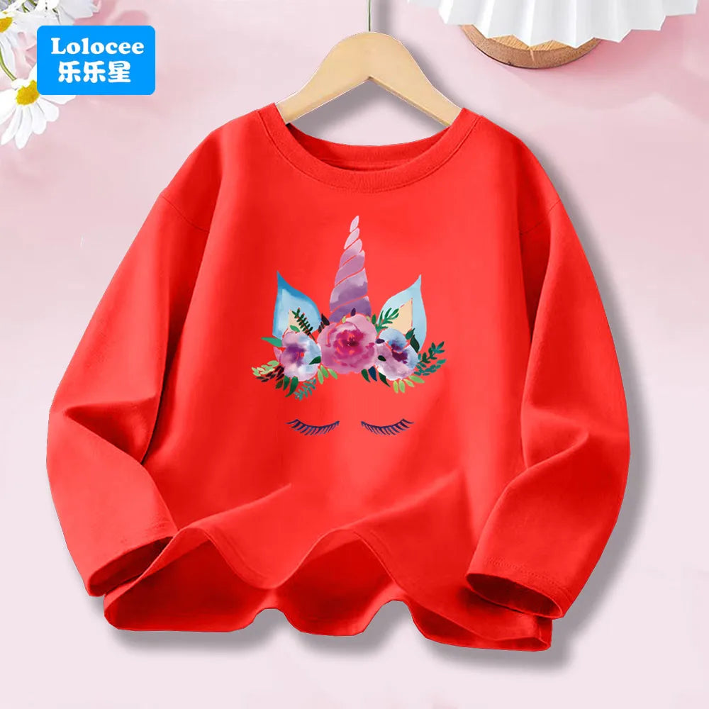 Girls Spring Autumn 8 colors Long Sleeve T-shirt Kids Floral Unicorn Graphic Tops Tee For Kids 3-14years DJSHH1