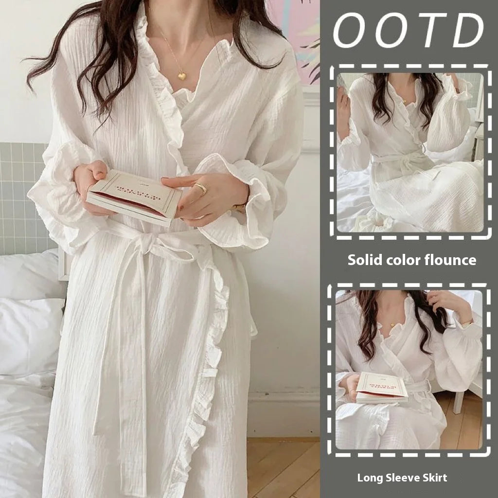 Women's Spring and Summer New Simple Long-Sleeved Robe Girls Sweet Ins Wind Ruffled Thin Section of Solid Color Pajamas Home Wea