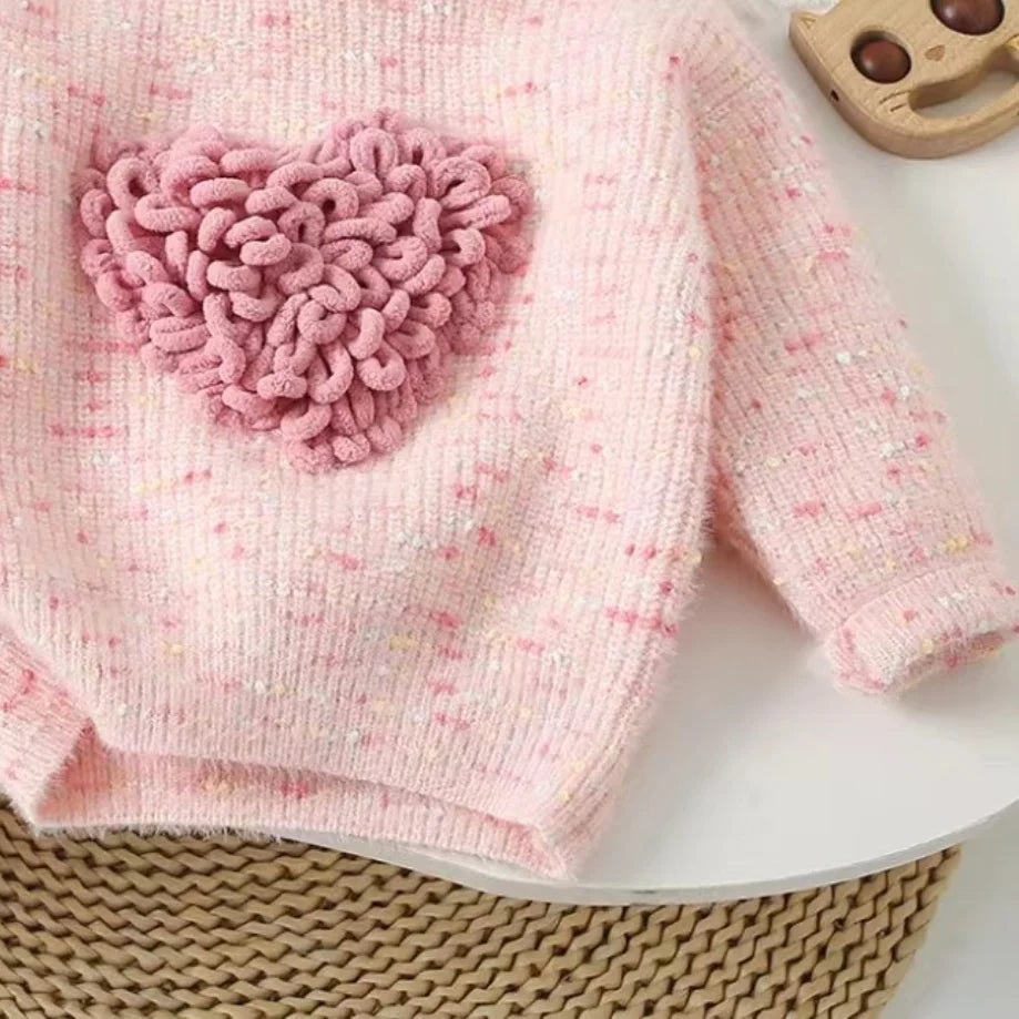 New Autumn and Winter Colored Floral Thread Love Cartoon Cute Long Sleeved Knitted Top for Girls Warm and Versatile Sweater
