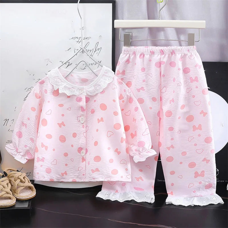 Girls Kids Home Clothes Set New Loose Thin Baby Pajamas Fashion Lace Floral Princess Children Air Conditioner Long Sleeve+Pants