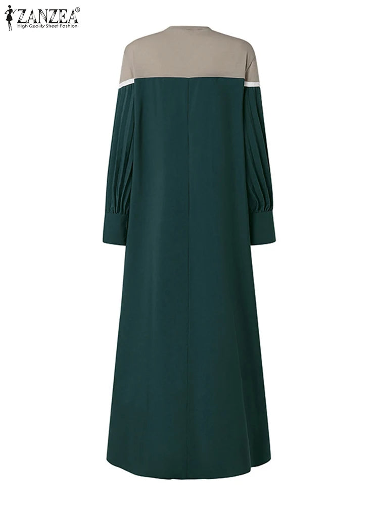 ZANZEA Muslim Women Color-Block Maxi Dress Plisse Patchwork Trendy Islamic Long Sleeve Abaya Robe Hijab O Neck Pleated Vestidos