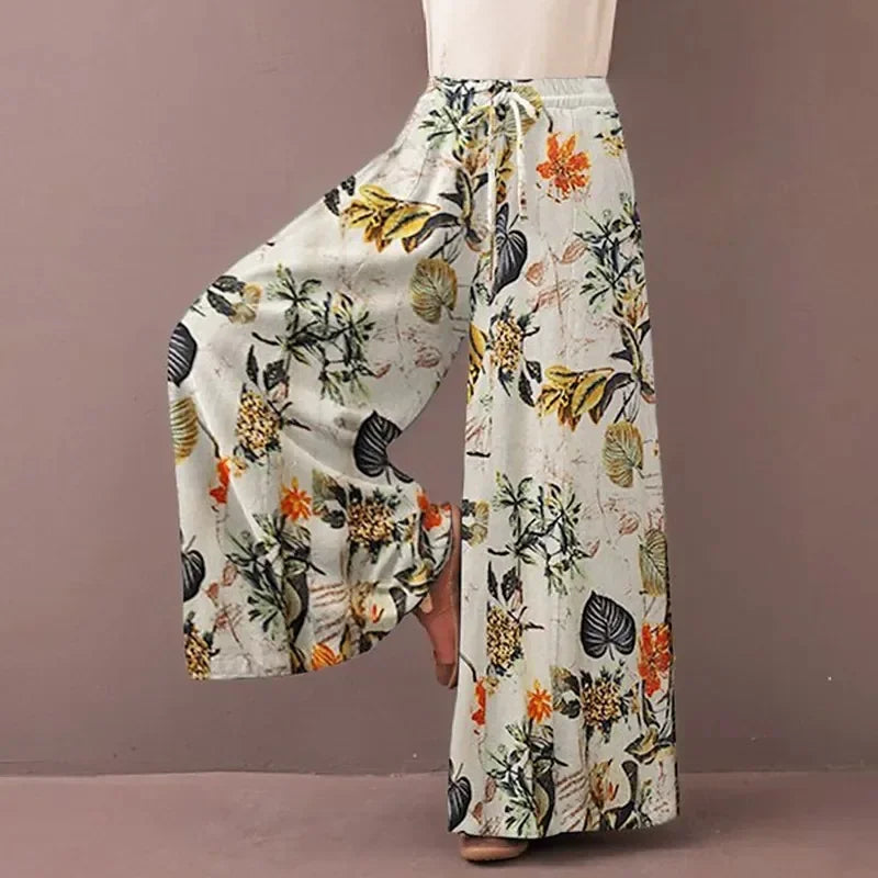 Floral Print Wide Leg Women Pants Spring Drawstring Bohemia Trousers Lady Casual Loose Elastic Waist Pantalonsw Plus Size