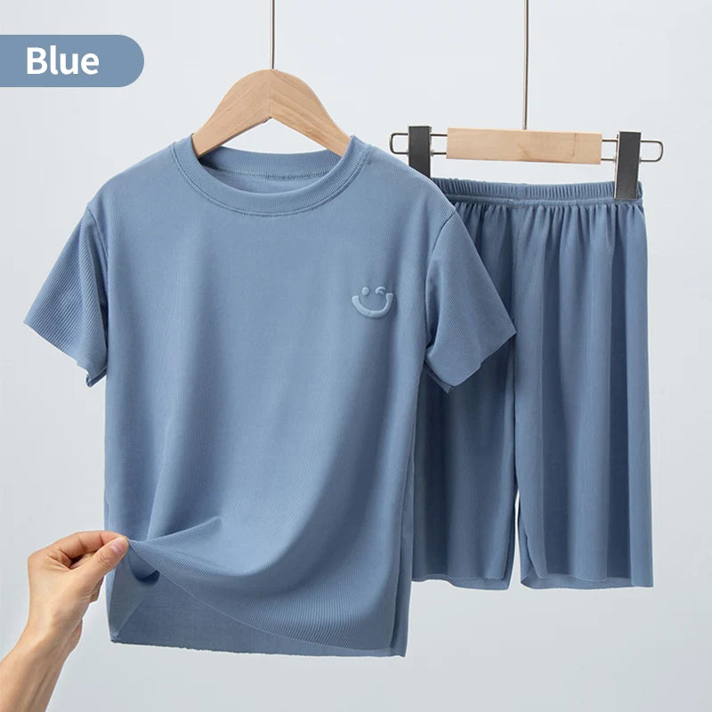 Children's ice silk pajamas, summer thin short sleeved shorts, 2-piece set of big boys and girls' home clothing set