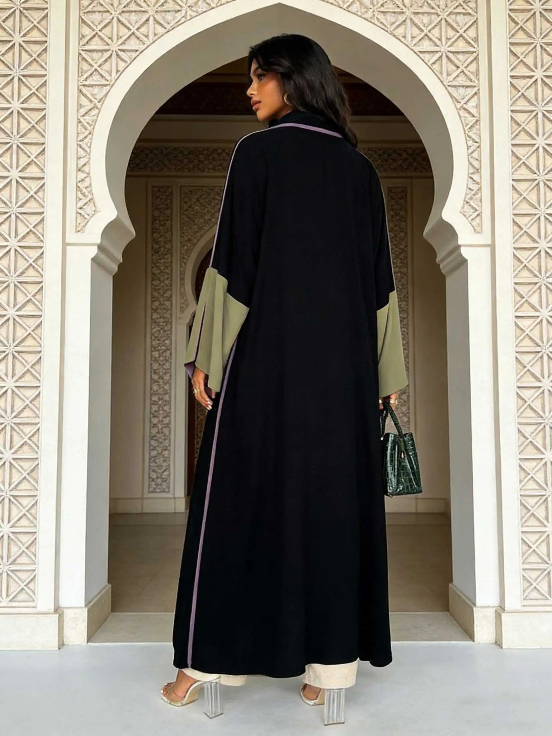 Chic Black Open-Front Abaya Purple Trim & Olive-Purple Color-Block Bell Sleeves Women Muslim Moroccan Kaftan Ramadan Jalabiya