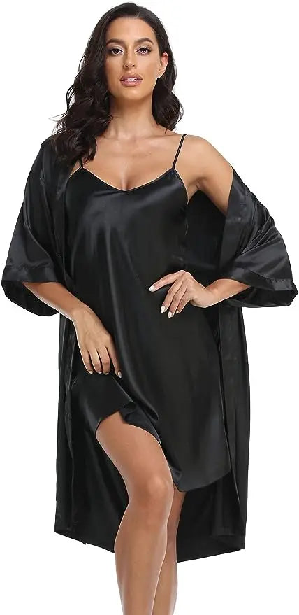 Women's Silk Satin Pajamas 2Pcs Sexy Silky Pj Robe Set with Chemise Nightgown