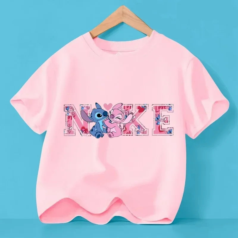 Disney Y2K Stitch the Trucksuit Kawaii Anime Cartoon Baby Girl Boy Fashion T-Shirt Children's Brand Tops