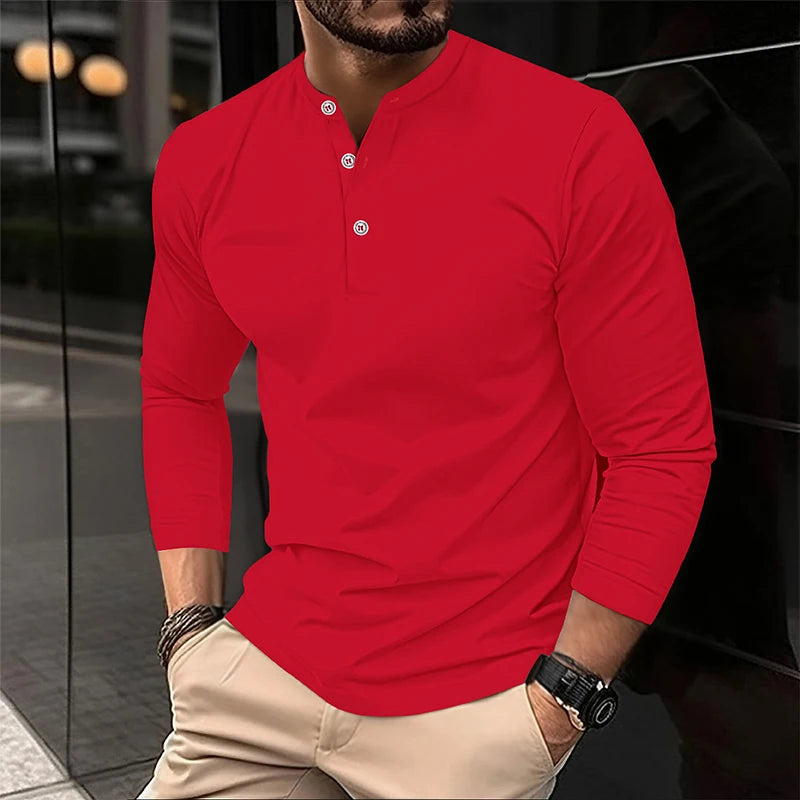 2025 Men's Summer Long Sleeve Henry Polo Casual Breathable Comfortable Polo Shirt Solid High Quality Male T-Shirt Dropshipping