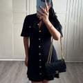 White Elegant Knitted Mini Dress For Women Metal Button Sexy Slim Rib Sweater Dress Holiday Party Outfits Autumn 2024 New