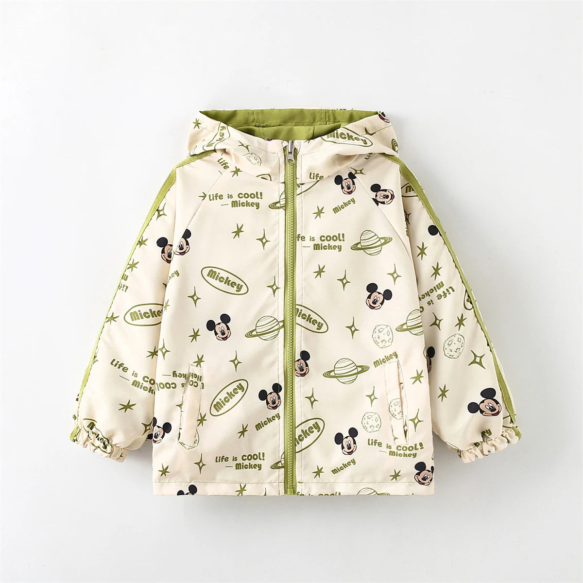 Disney Hooded Jacket Children Clothes Mikey Full Print Long Sleeve Coat Trendy Tops For Boys Girl Cartoon Kids Green Outerwear