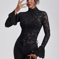 Anfilia Women Lace Shirts Turtle Neck Elegant Flare Long Sleeves Hollow Out Slim-fit Crochet Sexy Blouse