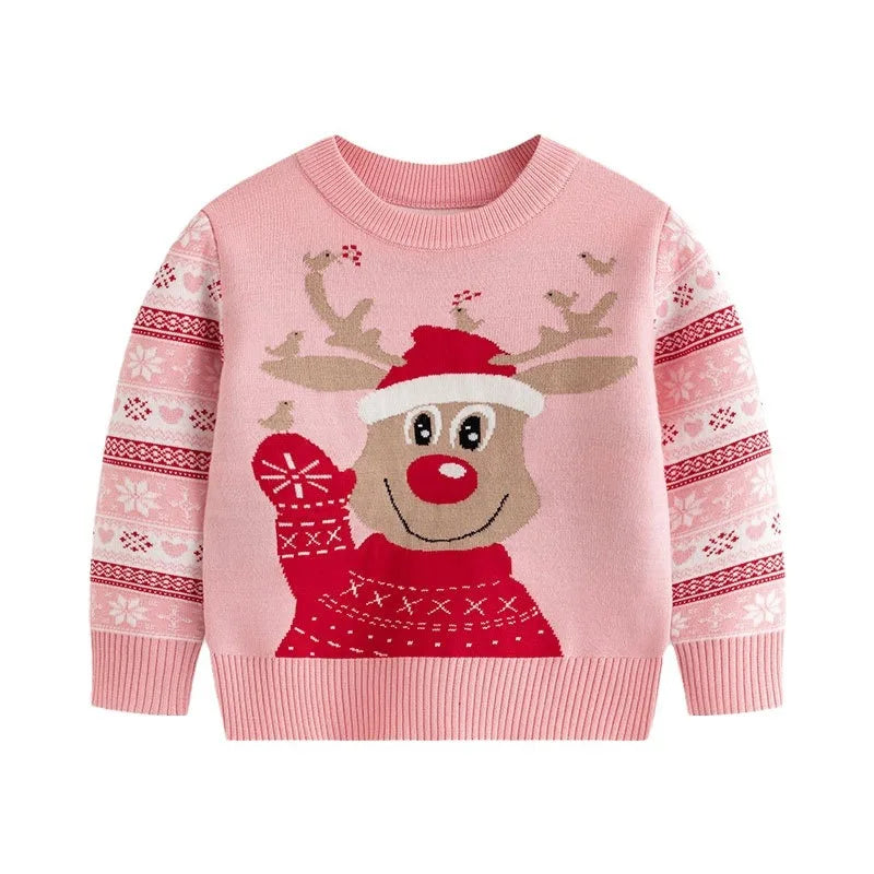 Winter Girls' New Reindeer Print Cartoon Cute Long Sleeved Christmas Fashion Simple and Versatile Knitted Round Neck Sweater