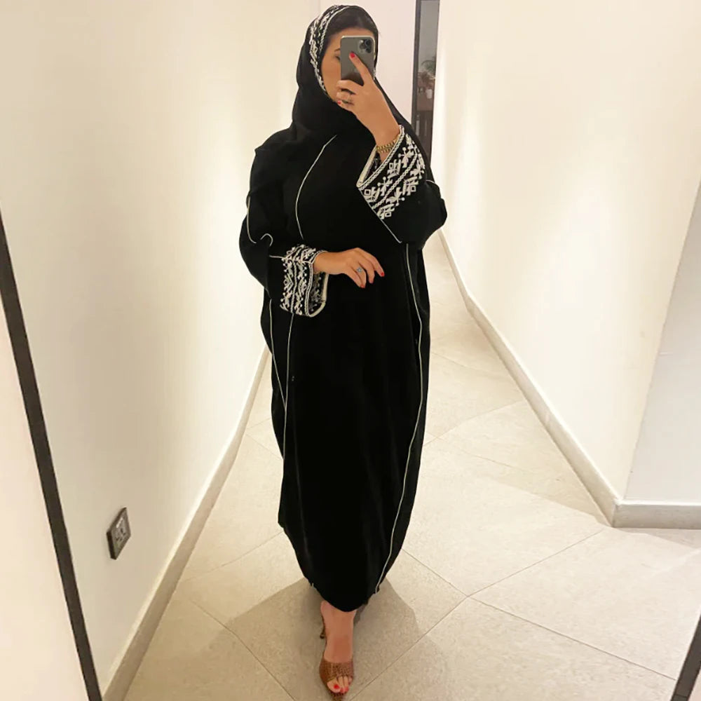 Sweet Fashion Bow Embroidery Abaya Hijab Dress Kimono Coat Outwear Women Long Sleeve Loose Arabic Muslim Dubai Moroccan Caftan