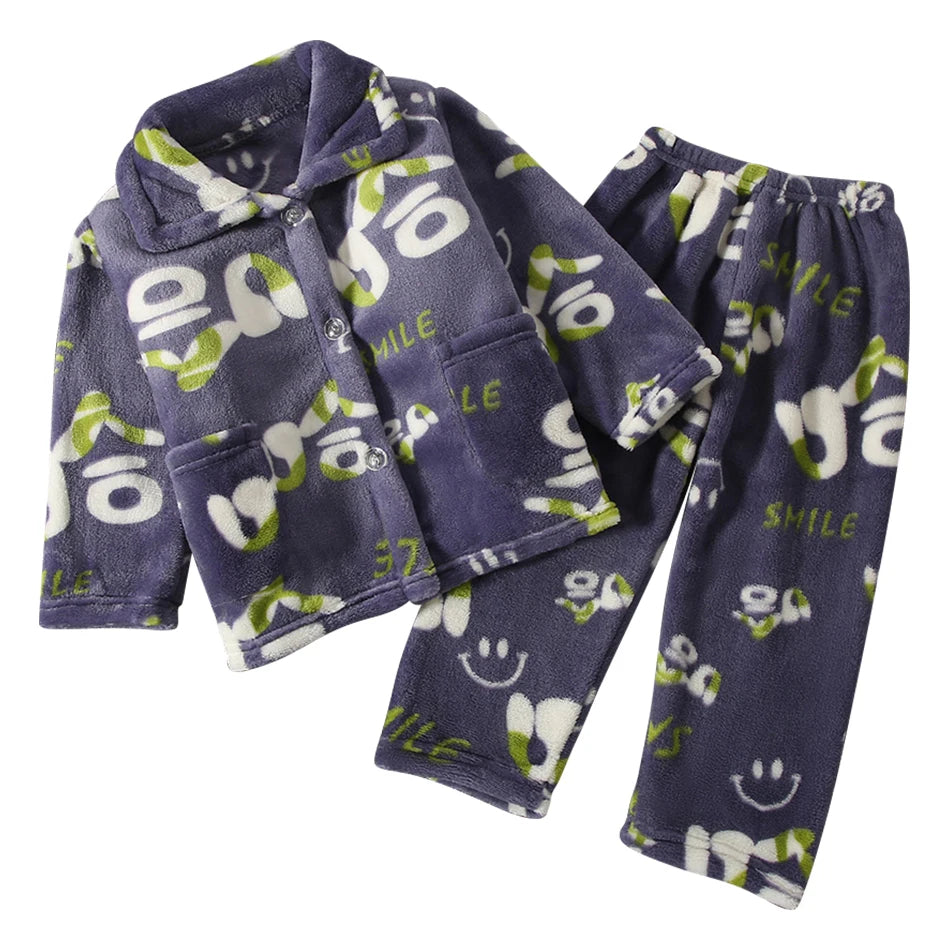 High Quality Coral Fleece Flannel Cute Cartoon Pattern Pajama Sets Boys and Girls Long Sleeve Warm Comfortable Winter Sleepwear