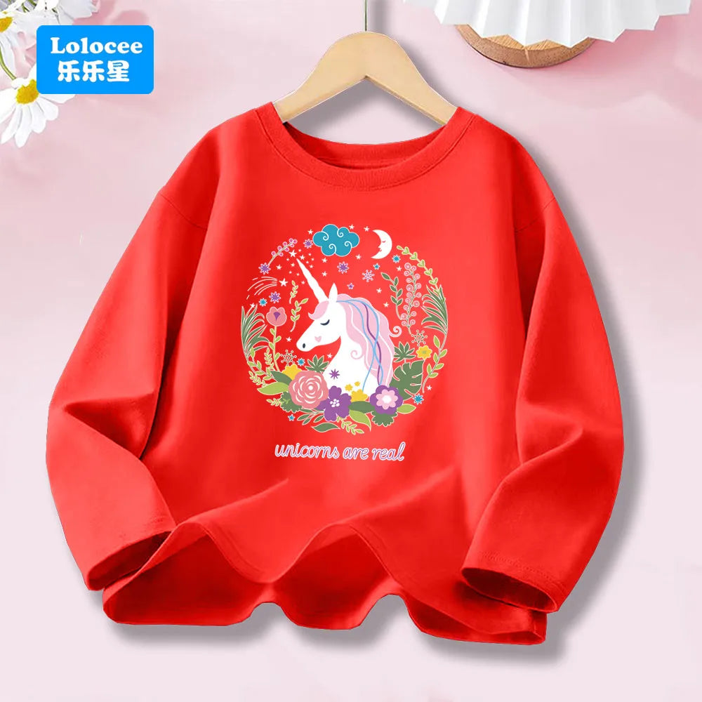 Girls Spring Autumn 8 colors Long Sleeve T-shirt Kids Floral Unicorn Graphic Tops Tee For Kids 3-14years DJSHH1