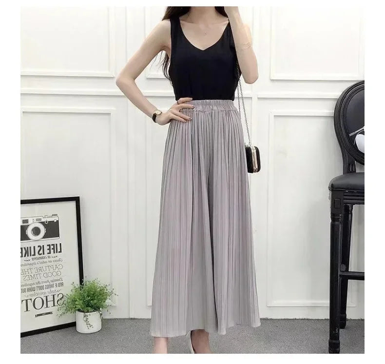 Summer New Women's Pants Korean Fashion Solid Elastic Waist Pleated Loose Skirt Pants Plus Size Casual Wide-leg Cropped Pants