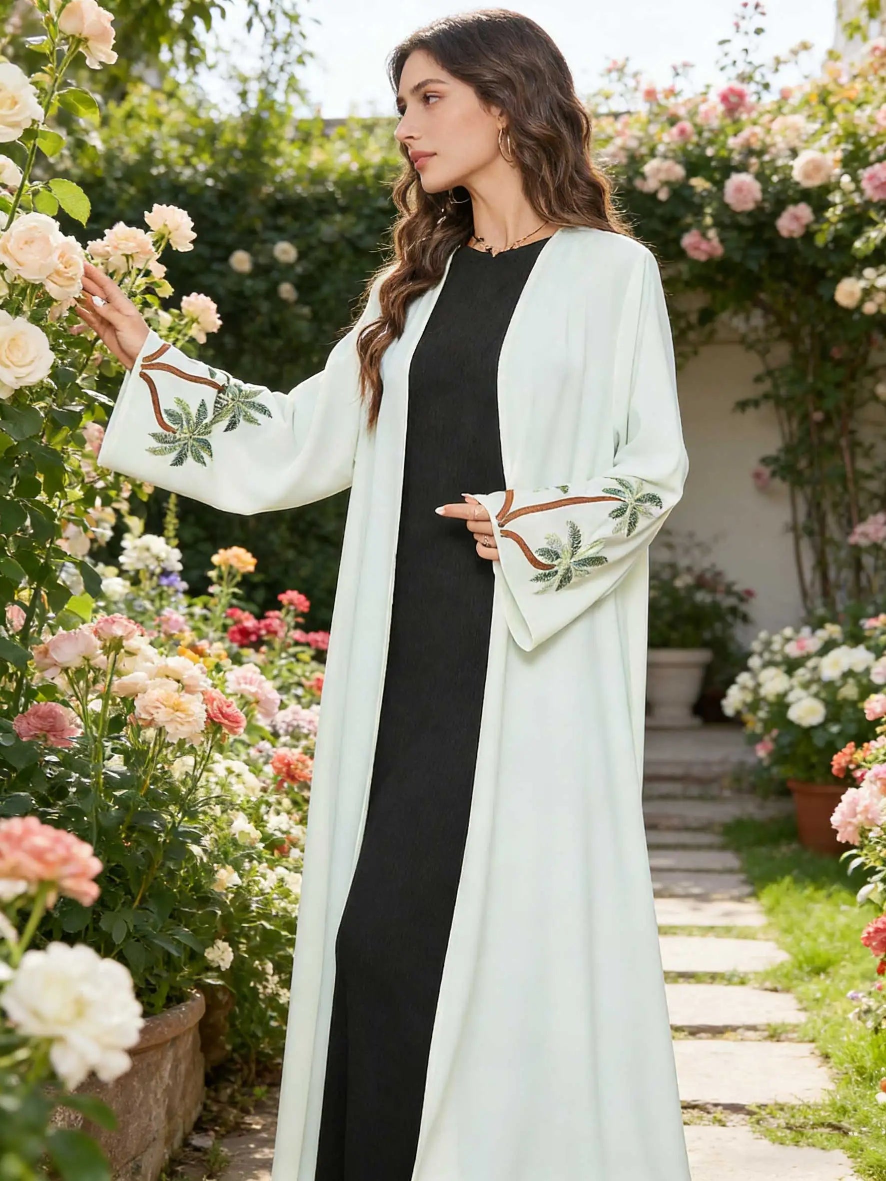 Elegant Abaya Palm Tree Embroidered Sleeves Open-Front Design Women Muslim Turkish Kaftan Ramadan Islam Qatar Arabic Gowns 2026