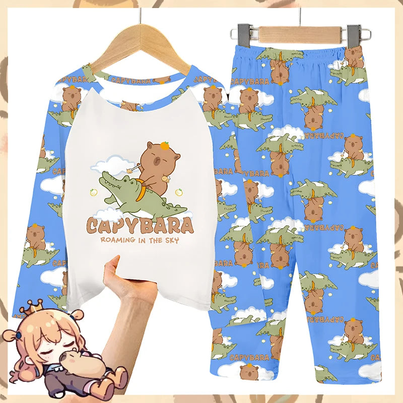 2pcs Capybara Printed Pajama Set for Kids, Soft Long Sleeve Top & Pants, Round Neck, Capibara Home Wear Set for Boys and Girls