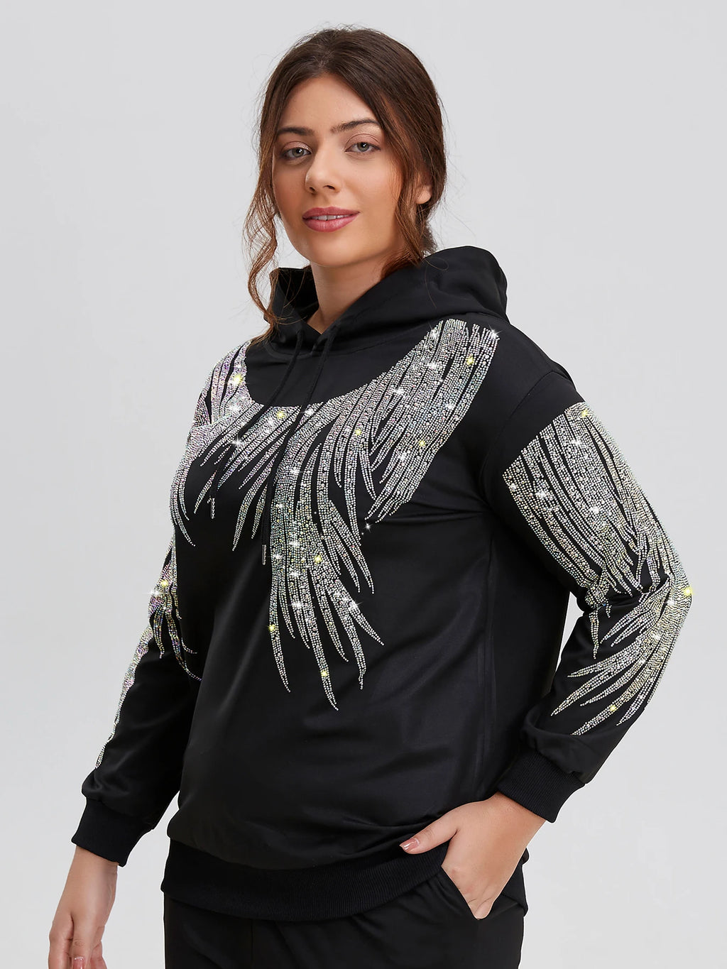 Plus Size Rhinestone Hoodie Long Sleeve Pullover Sweatshirt with Comfortable Design Y2K Fashion Inspired Graphic Hooded Top