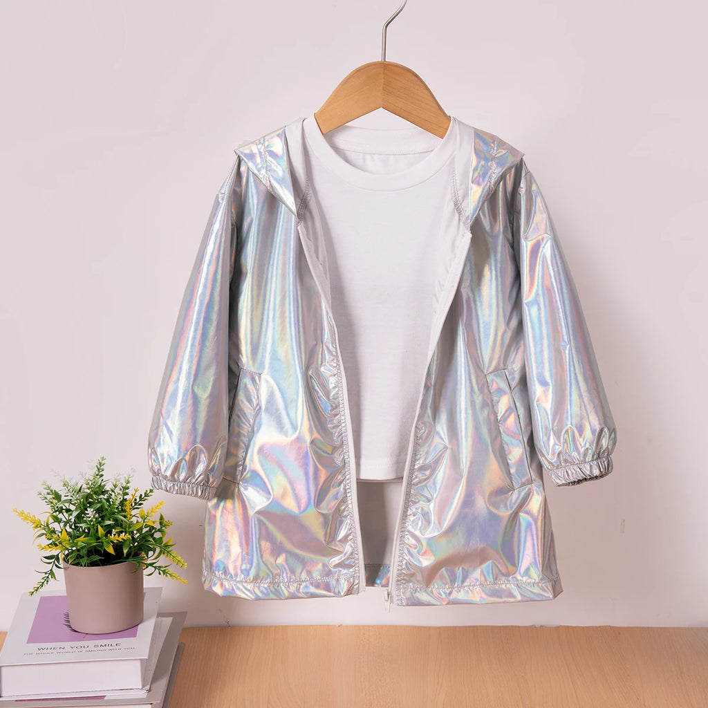 2025 Children's Fashion Laser Hooded Jacket with Zip and Fake Pockets Casual Long-Sleeve Jacket for Boys and Girls 1-7Y Clothing