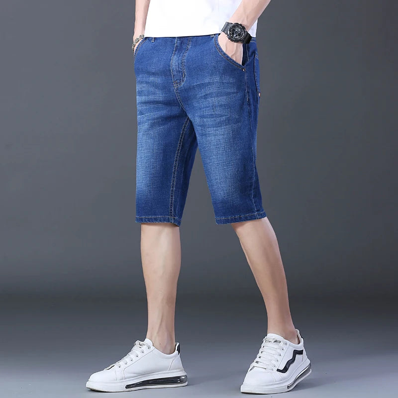 2024 Mens Casual Knee Length Denim Shorts Elastic Straight Brand Cotton Jeans Street Style Fashion Solid Color Short Jeans